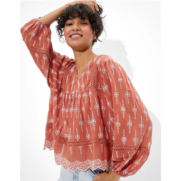 American Eagle Outfitters Tops - American Eagle blouse dusty red embroidered boho peasant oversized crochet